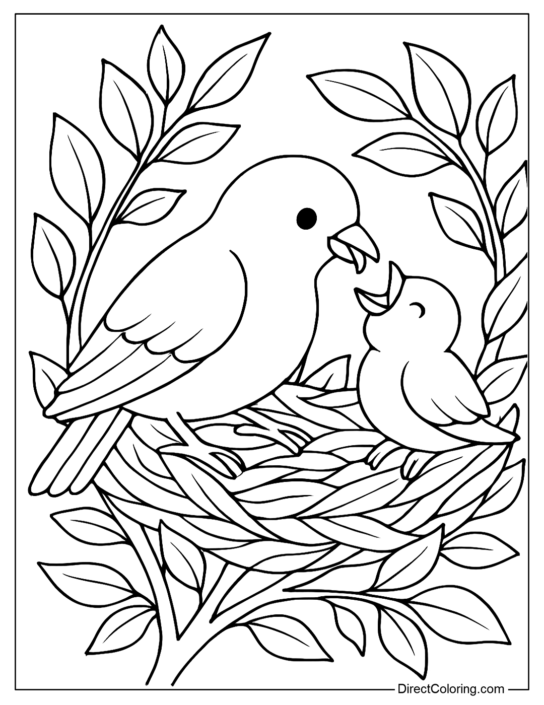 coloring page of a mother bird feeding her baby birds in a nest made of twigs and green leaves